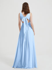 Dos Ouvert Mousseline Robes Avec Col En V Bleu Ciel Grande Taille