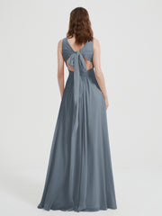 Dos Ouvert Mousseline Robes Avec Col En V Bleu de Schiste Grande Taille