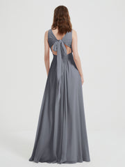 Dos Ouvert Mousseline Robes Avec Col En V Gris Acier Grande Taille