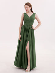 Dentelle et Mousseline Sexy Robe avec Fente Olive Verte Grande Taille
