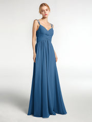 Robe de Demoiselle d'Honneur Longue en Mousseline avec Doubles Bretelles Bleu Encre Grande Taille