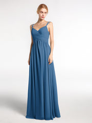 Robe de Demoiselle d'Honneur Longue en Mousseline avec Doubles Bretelles Bleu Encre