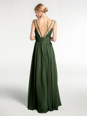 Robe de Demoiselle d'Honneur Longue en Mousseline avec Doubles Bretelles Olive Verte Grande Taille