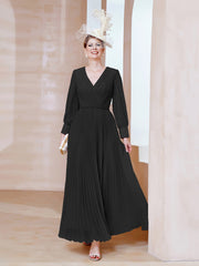 Robe de A-ligne en Mousseline avec Manches Longues à col en V Noir Grande Taille