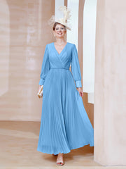 Robe de A-ligne en Mousseline avec Manches Longues à col en V Bleu