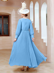 Robe de A-ligne en Mousseline avec Manches Longues à col en V Bleu Grande Taille