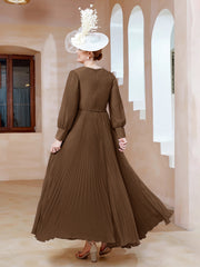 Robe de A-ligne en Mousseline avec Manches Longues à col en V Brun