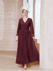 Robe de A-ligne en Mousseline avec Manches Longues à col en V Cabernet