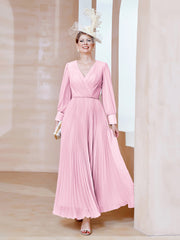 Robe de A-ligne en Mousseline avec Manches Longues à col en V Rose Bonbon