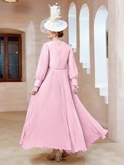 Robe de A-ligne en Mousseline avec Manches Longues à col en V Rose Bonbon