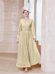 Robe de A-ligne en Mousseline avec Manches Longues à col en V Champagne