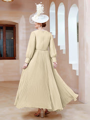 Robe de A-ligne en Mousseline avec Manches Longues à col en V Champagne