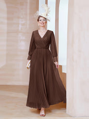 Robe de A-ligne en Mousseline avec Manches Longues à col en V Chocolat