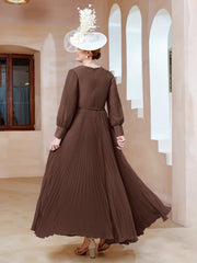 Robe de A-ligne en Mousseline avec Manches Longues à col en V Chocolat