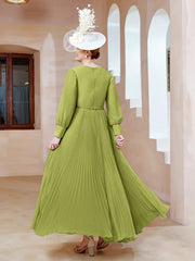 Robe de A-ligne en Mousseline avec Manches Longues à col en V Trèfle Grande Taille
