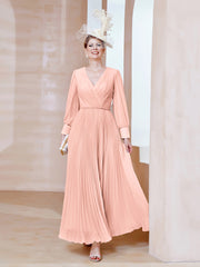 Robe de A-ligne en Mousseline avec Manches Longues à col en V Corail Grande Taille