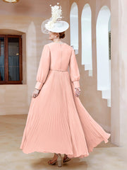Robe de A-ligne en Mousseline avec Manches Longues à col en V Corail