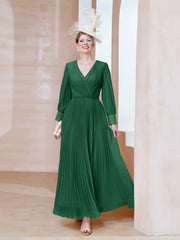 Robe de A-ligne en Mousseline avec Manches Longues à col en V Vert Foncé