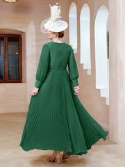 Robe de A-ligne en Mousseline avec Manches Longues à col en V Vert Foncé