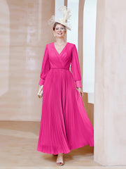 Robe de A-ligne en Mousseline avec Manches Longues à col en V Fuchsia Grande Taille