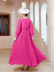 Robe de A-ligne en Mousseline avec Manches Longues à col en V Fuchsia Grande Taille