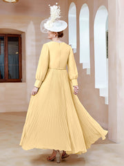 Robe de A-ligne en Mousseline avec Manches Longues à col en V Or