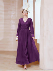 Robe de A-ligne en Mousseline avec Manches Longues à col en V Raisin