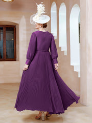 Robe de A-ligne en Mousseline avec Manches Longues à col en V Raisin