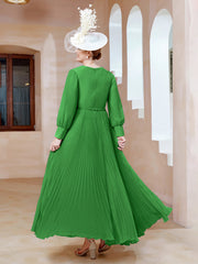 Robe de A-ligne en Mousseline avec Manches Longues à col en V Vert