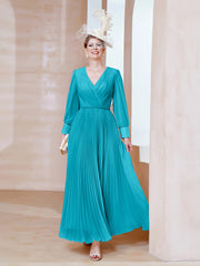Robe de A-ligne en Mousseline avec Manches Longues à col en V Jade Grande Taille