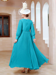 Robe de A-ligne en Mousseline avec Manches Longues à col en V Jade Grande Taille