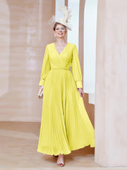 Robe de A-ligne en Mousseline avec Manches Longues à col en V Citron