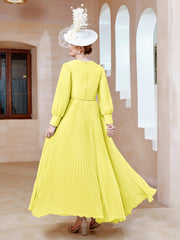 Robe de A-ligne en Mousseline avec Manches Longues à col en V Citron
