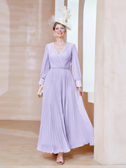 Robe de A-ligne en Mousseline avec Manches Longues à col en V Lilas Grande Taille