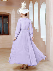 Robe de A-ligne en Mousseline avec Manches Longues à col en V Lilas Grande Taille