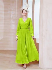 Robe de A-ligne en Mousseline avec Manches Longues à col en V Vert Citron