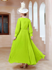 Robe de A-ligne en Mousseline avec Manches Longues à col en V Vert Citron Grande Taille