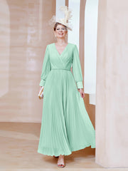 Robe de A-ligne en Mousseline avec Manches Longues à col en V Vert Menthe