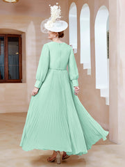 Robe de A-ligne en Mousseline avec Manches Longues à col en V Vert Menthe