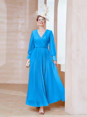 Robe de A-ligne en Mousseline avec Manches Longues à col en V Bleu Océan