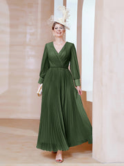 Robe de A-ligne en Mousseline avec Manches Longues à col en V Olive Verte