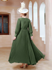 Robe de A-ligne en Mousseline avec Manches Longues à col en V Olive Verte