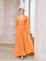 Robe de A-ligne en Mousseline avec Manches Longues à col en V Orange