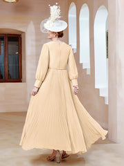 Robe de A-ligne en Mousseline avec Manches Longues à col en V Pêche Grande Taille