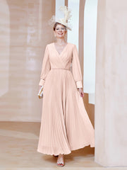Robe de A-ligne en Mousseline avec Manches Longues à col en V Rose Perle