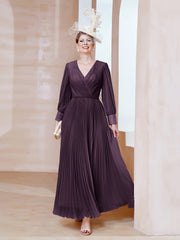Robe de A-ligne en Mousseline avec Manches Longues à col en V Plum Grande Taille