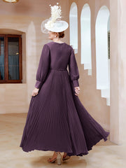 Robe de A-ligne en Mousseline avec Manches Longues à col en V Plum