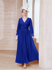 Robe de A-ligne en Mousseline avec Manches Longues à col en V Bleu Royale
