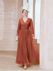 Robe de A-ligne en Mousseline avec Manches Longues à col en V Rouille