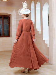 Robe de A-ligne en Mousseline avec Manches Longues à col en V Rouille